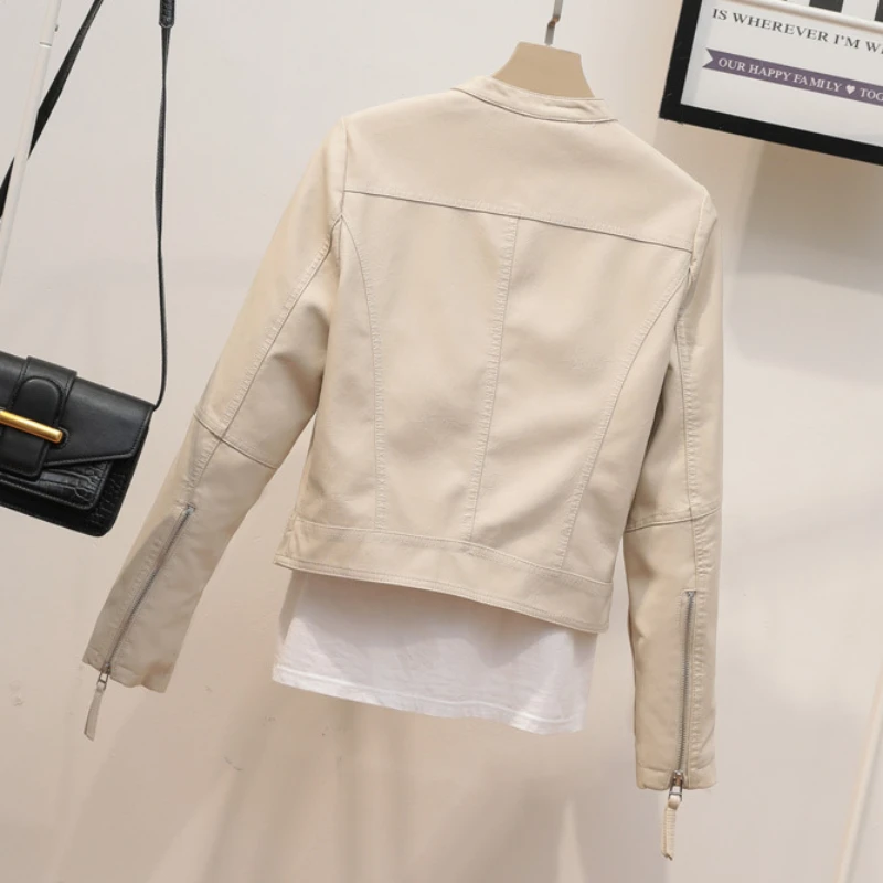 2023 Autumn New Women Short Korean Style Motorcycle Clothing Simple Stand Collar PU Leather Clothing Fashion Slim Leather Jacket