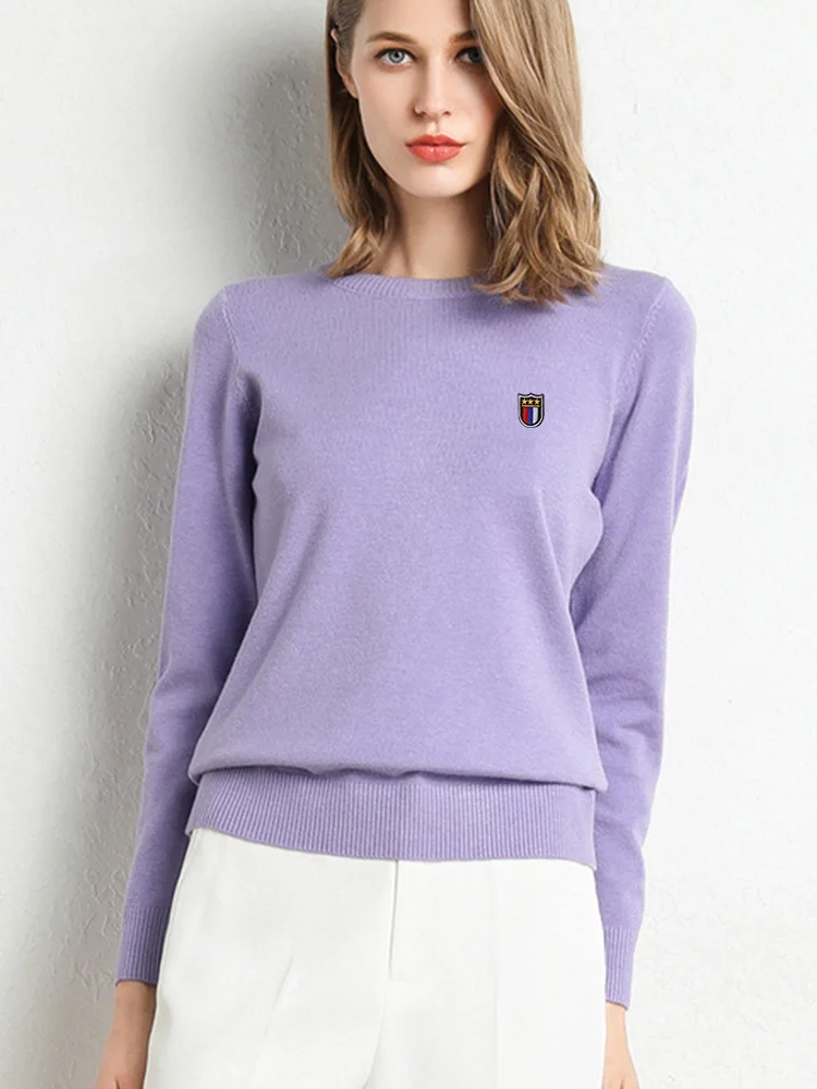 

Осенний женский шерстяной свитер, зимняя одежда, однотонный джемпер с круглым вырезом, вязаные пуловеры с длинными рукавами, рубашка, женские топы с круглым вырезом и логотипом