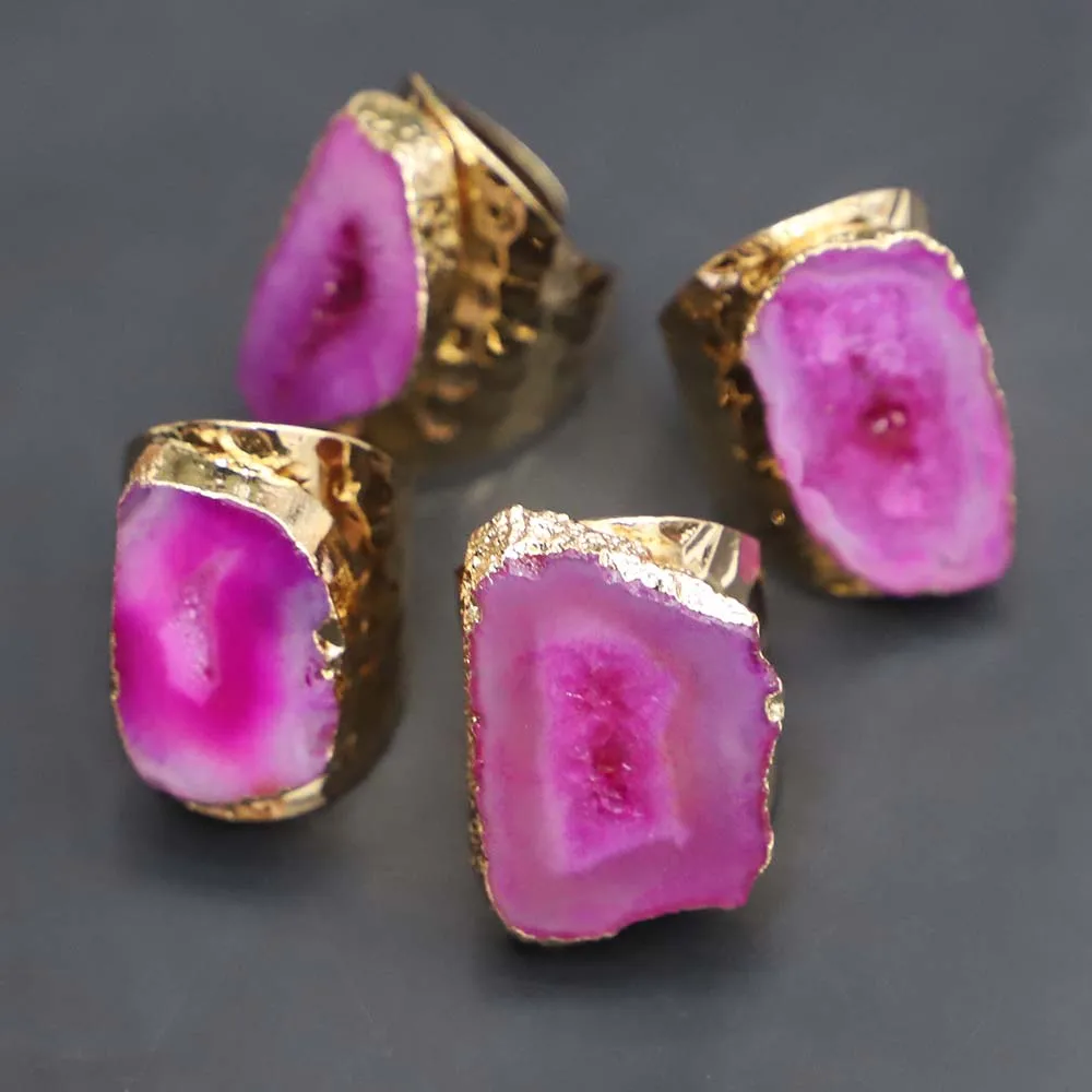 Natural Rose Agate Geode Men's And Women's Raw Stone Ring Fashion Irregular Gilded Gem Opening Adjustable Pulling Finger 3Pc/Lot