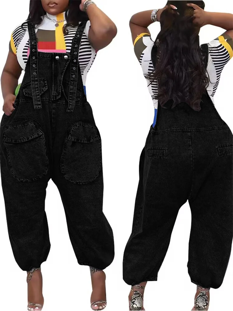Wmstar Women's Jumpsuit Denim Cargo Pockets One Piece Outfits Wide Leg Black Fashion Streetwear Romper Wholesale Dropshipping