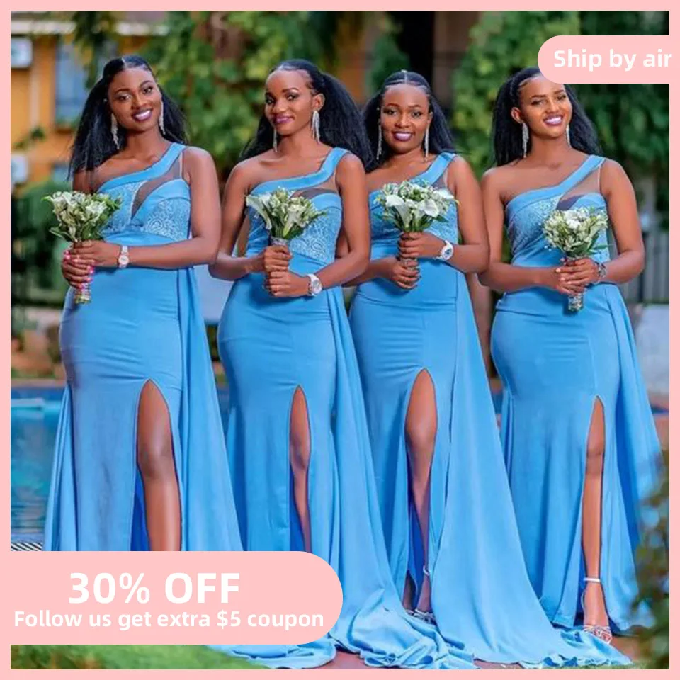 Blue Chiffon Bridesmaid Dresses for Women 2022 One Shoulder Mermaid Long Bridesmaid Dress for Weddings with Slit and Over Skirt