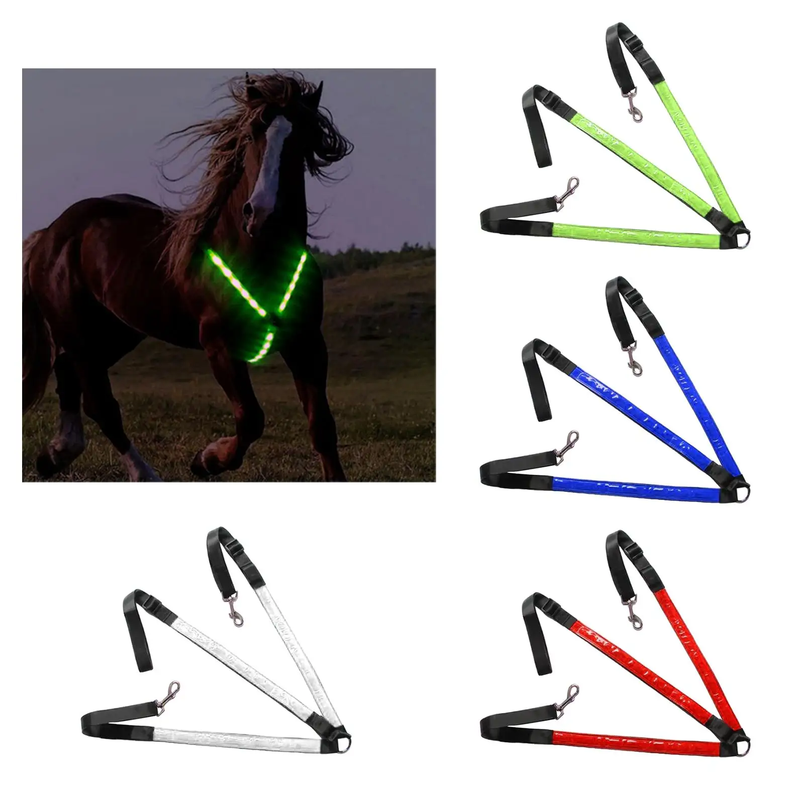 LED Horse Breastplate Collar, Battery Operated, Equestrian Equipment 3 D-Rings 3 Lighting Modes, Comfortable for Horse Show