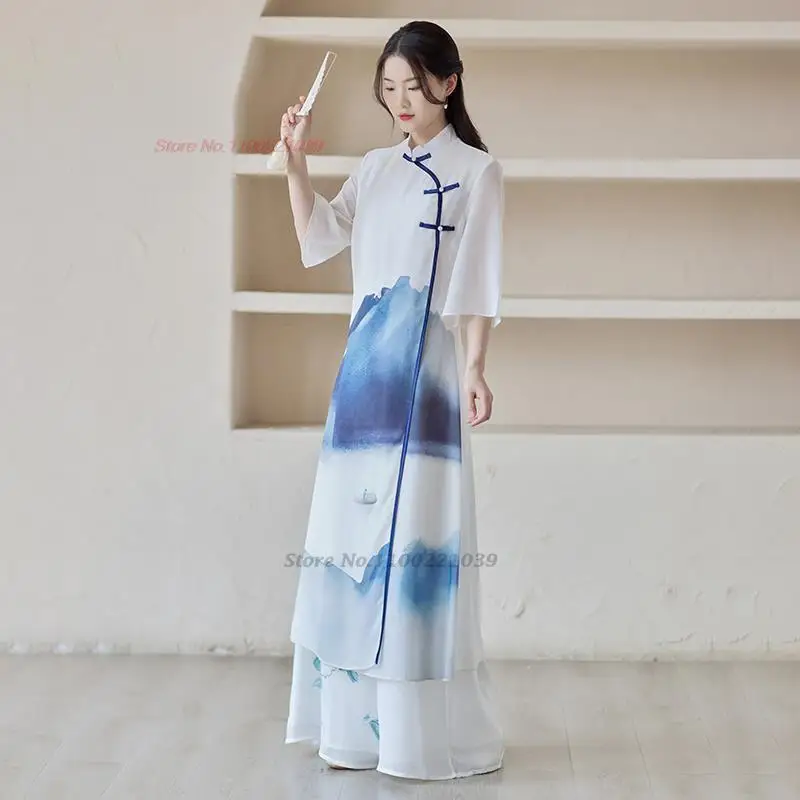 

2024 traditional chinese vintage dress women vestidso elegant cheongsam flower print qipao chinese dress retro evening dress