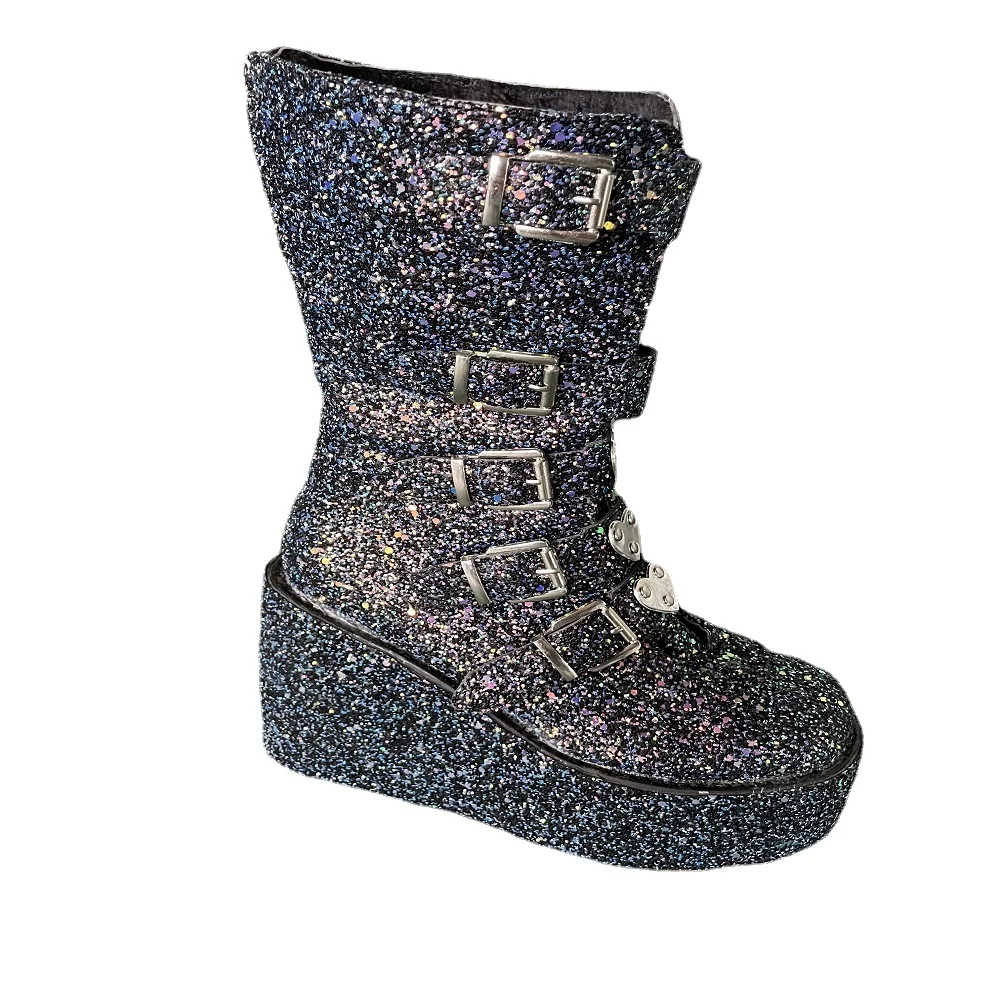 Brand Design Big Size 43 Black Gothic Style Cool Punk Motorcycles Boots Female Platform Wedges High Heels Calf Boots Women Shoes platform boots,women boots