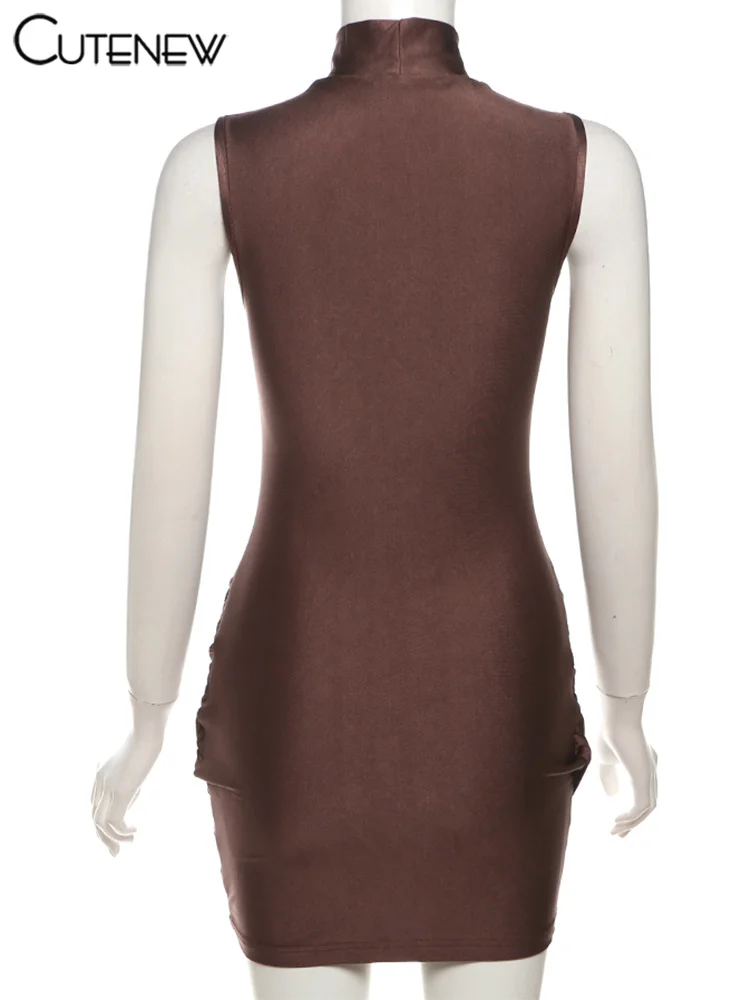 Nibber Kreuz Concise Mini Frauen Kleid Sommer Mode Ärmel Stehkragen Geraffte Chic Bodycon Weibliche Grundlegende Party Streetwear – Detail 4