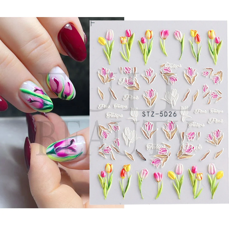 5D Snowdrop Embossed Nail Polish Stickers Tulip Campanula Flowers Charms Decal Elegant Floral Textured Manicure Acrylic Wraps