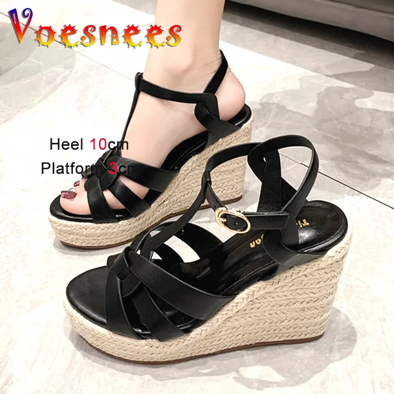 

Black Gladiator Wedges Sandals 10CM Hemp Rope Platform Weave High Heels 2023 Summer Outdoor Comfortable Women Shoes Office Pumps