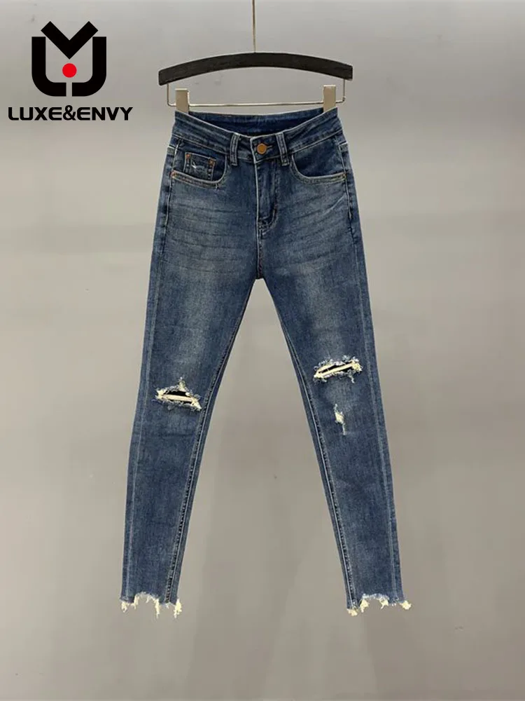 

LUXE&ENVY Blue Fake Pierced Pencil Jeans Women 2023, New High Waisted Skinny Slim Cropped Pants