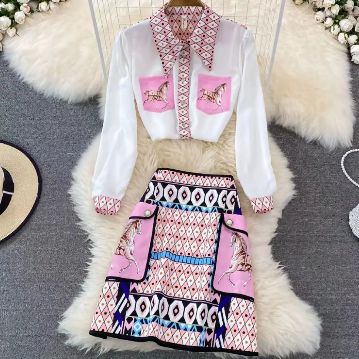 

2023 Autumn Fashion Suit Female Women's Elegant Print Loose Long Sleeve Shirt 2-piece Set High Waist Skirt Set