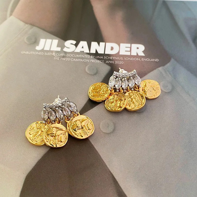 Geometric Retro Pendant Female Earring Portrait Coin Zircon Light