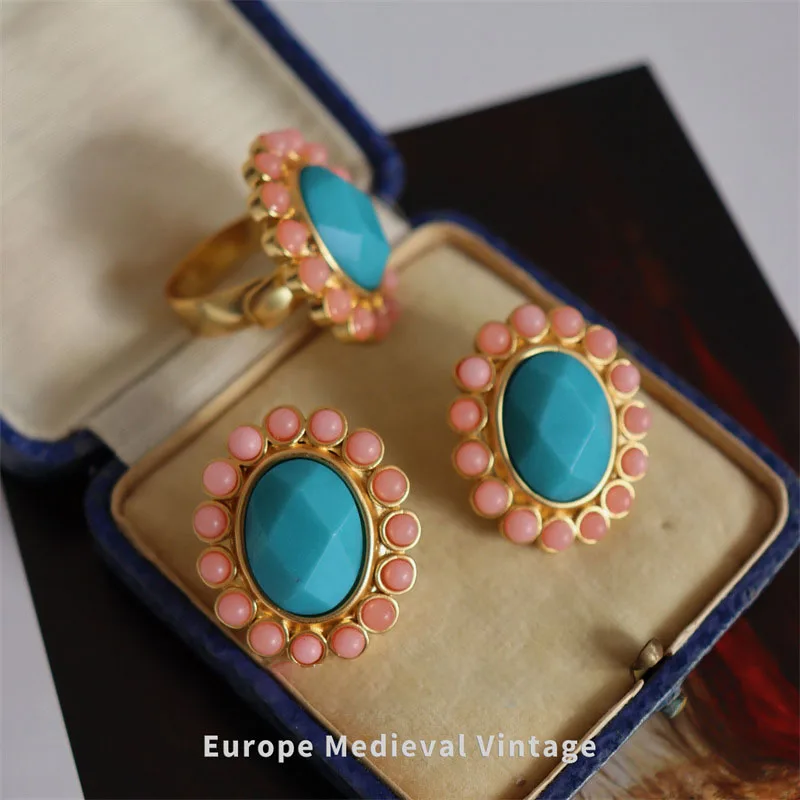 

Vintage blue Gems tone women earrings sunflower pink exaggeration ring accessory Luxury jewelry set