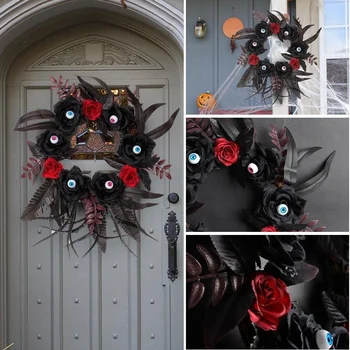 New Gotico Balck Rose Wreath Halloween Eyeball Wreath Black Rose for Front Door Window Mantle Indoor Outdoor Halloween