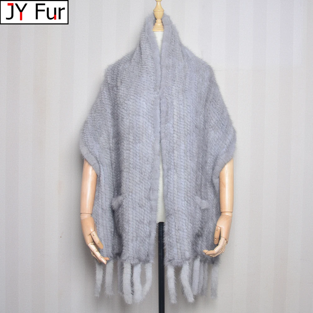 

Luxury Knitting Genuine Mink Fur Shawl Scarf With Tassel Women Winter Warm Natural Fur Cape Female Fashion Casual Ponchos