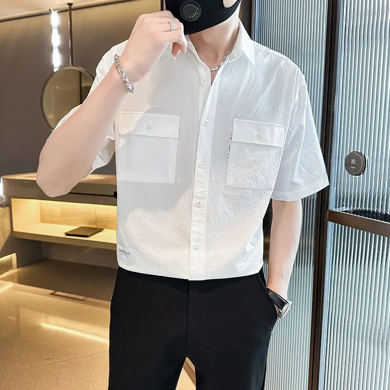 2024 Summer New Men's Polo-Neck Screw Thread Button Pockets Solid Color Stylish Loose Casual All-match Half Sleeve Shirt Tops