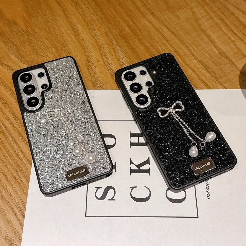 Elegant Diamond Bowknot Pearl Pendant Glitter Phone Case with Shockproof TPU Bumper