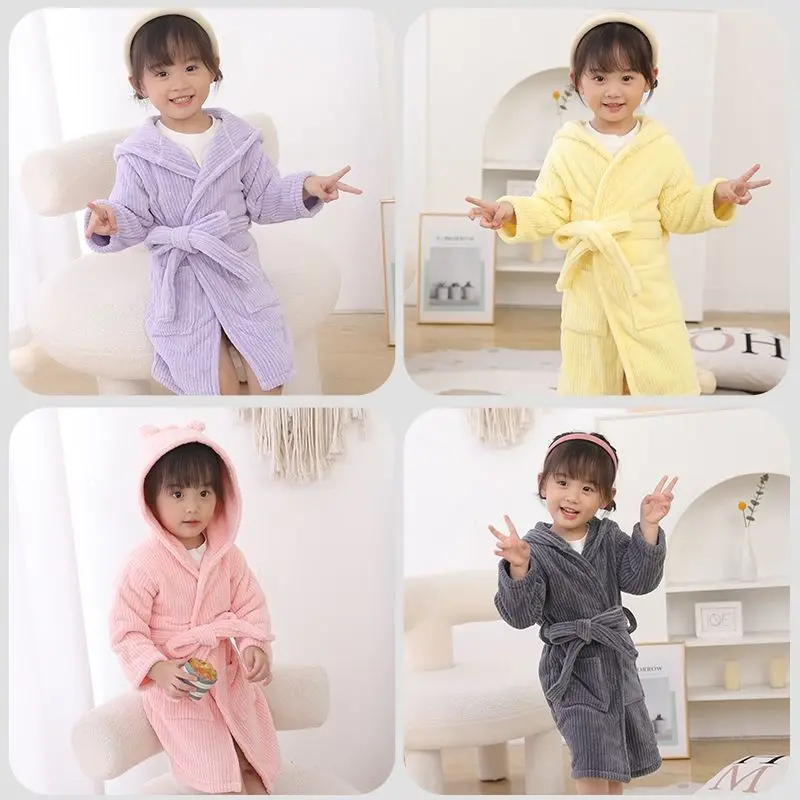Children's Bathrobe Hooded Bath Towel Type Boy's Thick Autumn and Winter Girl's Towel Pure Color Absorbent Quick-Drying Robes
