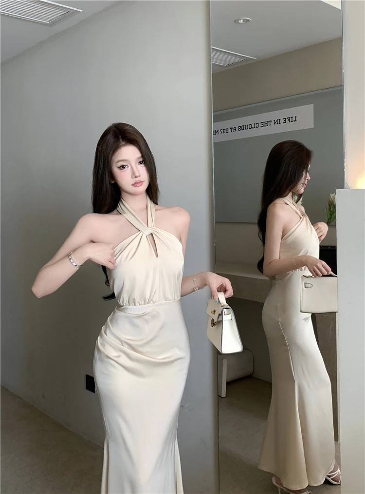 Sexy Bodycon Satin Evening Party Dress Sleeveless Halter Slim Mermaid Summer New Midi Dresses for Women Prom Vestidos Mujer