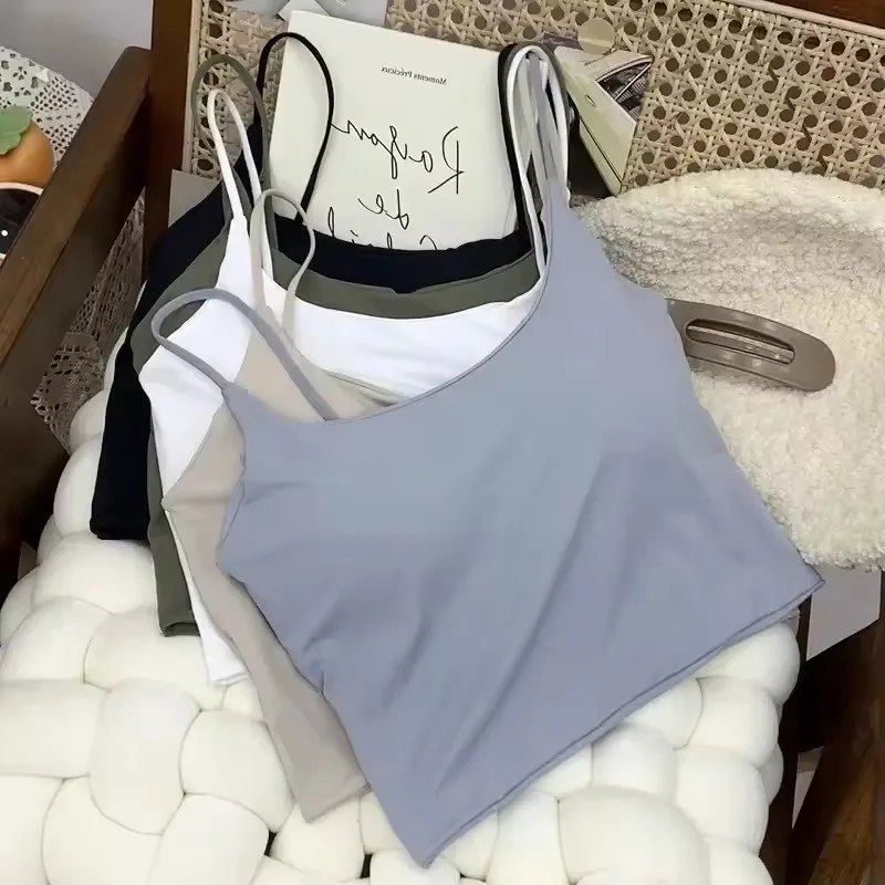 Women Camisole Seamless Ice Silk Padded Crop Tank Top Summer Yoga Workout Running Fitness Lounge Sleepwear