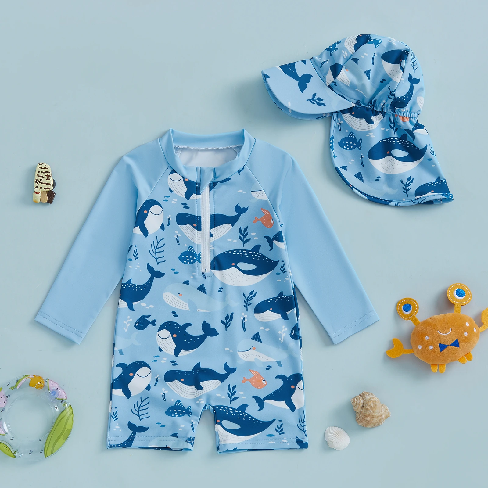 Cartoon Whale Print Children Boy Rash Guard Swimsuit with Hat Summer New Zip Up Long Sleeve Crew Neck Kids Swimwears Beachwear
