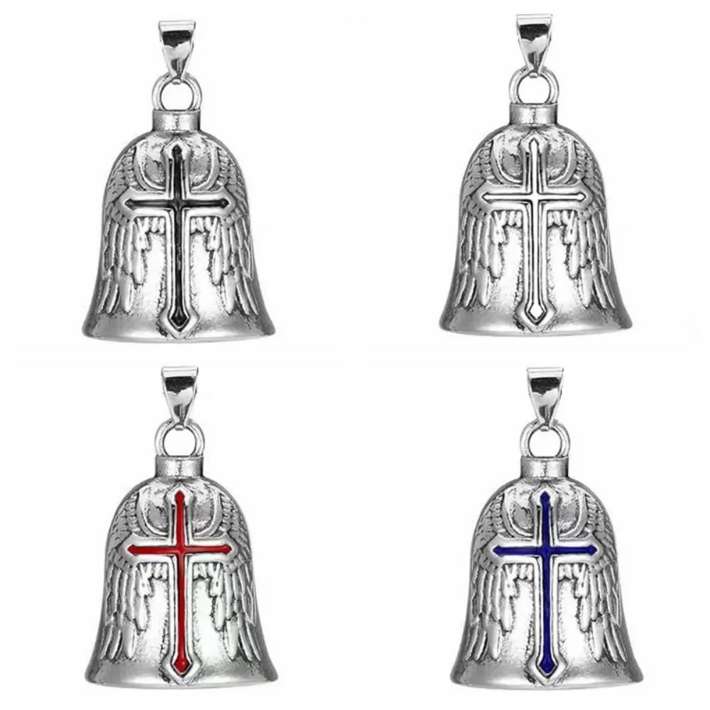 3D Design Motorcycle Guardian Bell Punk Style Retro Biker Good Luck Charm Alloy Wing Design Cross Pendant Bell Daily Wear
