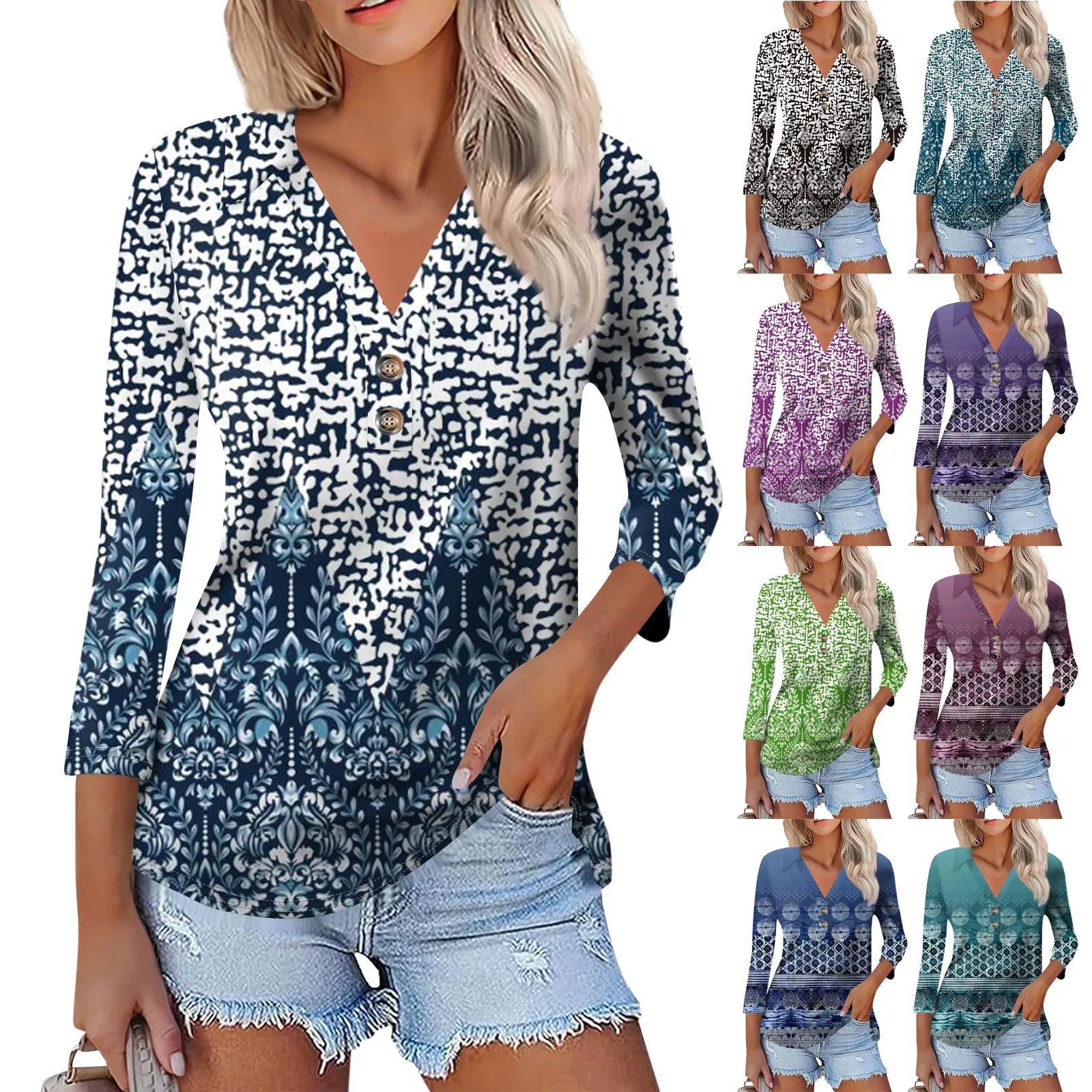 

Women's Summer T-Shirts Fashion Casual Printed V-Neck Seven Sleeved Shirt New Elegant Versatile Stand Pollover camisas e blusas