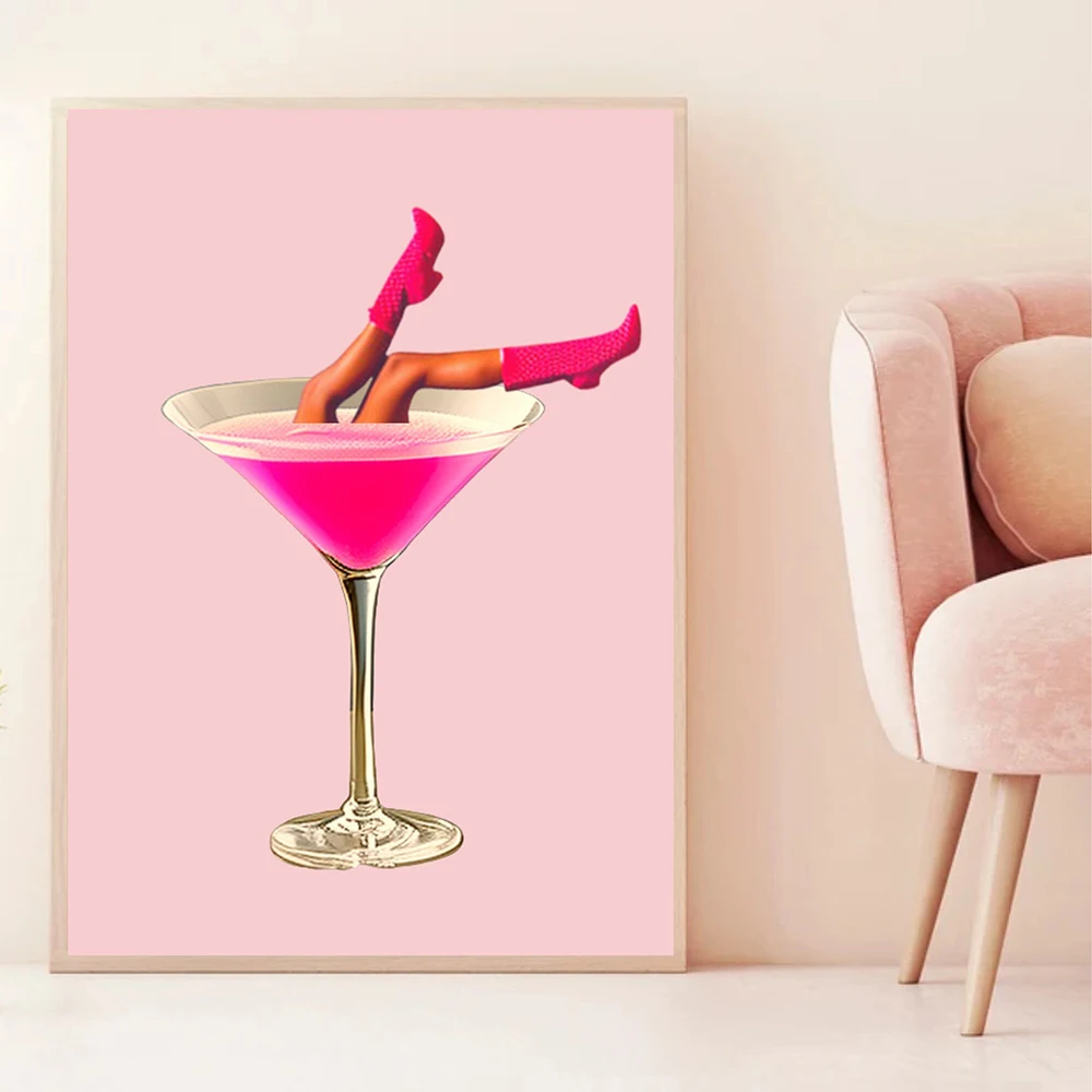Dirty Martini Cocktail Print Wall Art Canvas Painting Pink Trendy Retro Illustration Preppy Decor Kitchen Bar Club Wall Pictures