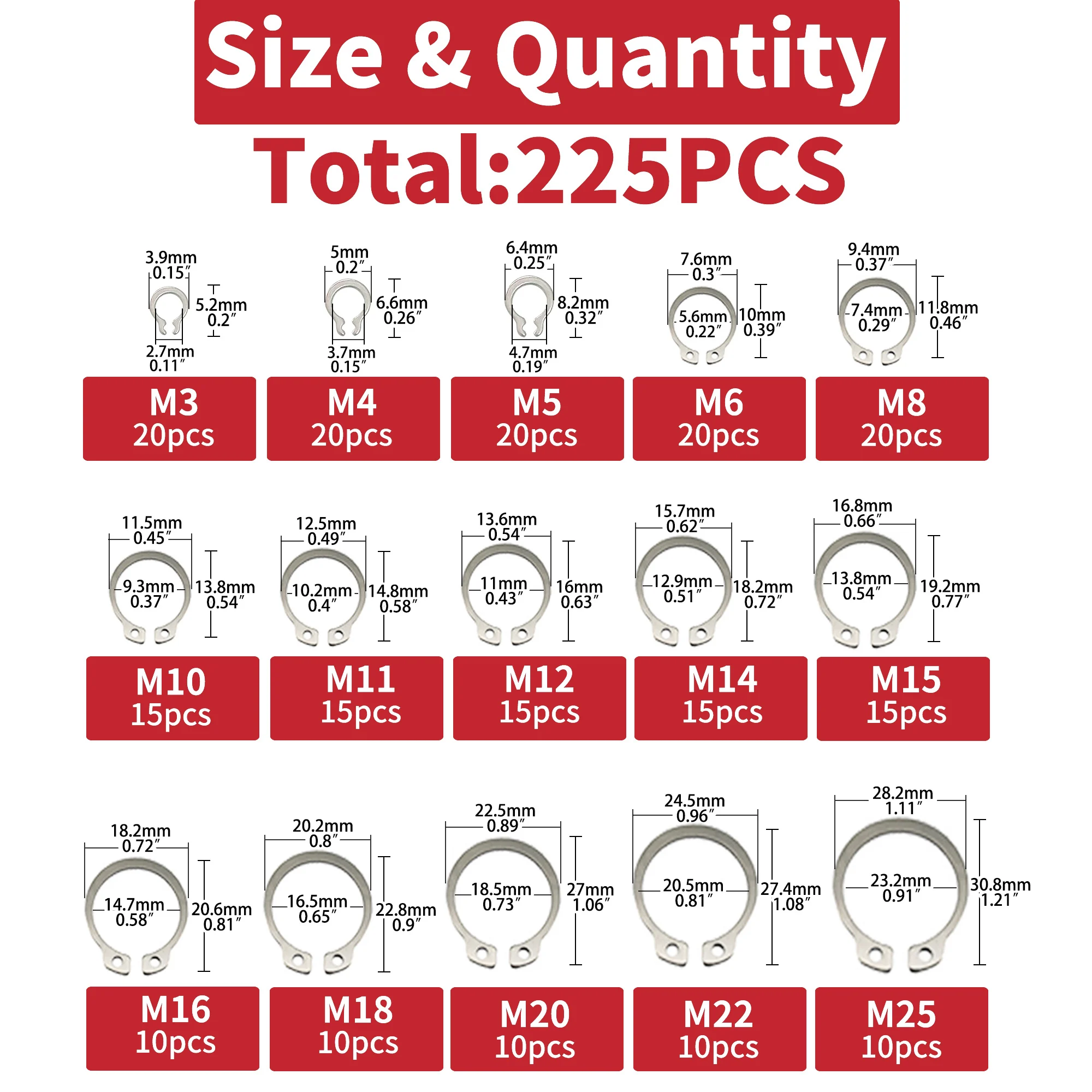 External Retaining Rings Snap Rings Assortment kit 225PCS 304 Stainless Steel External Circlip Snap Retaining C-Clips R