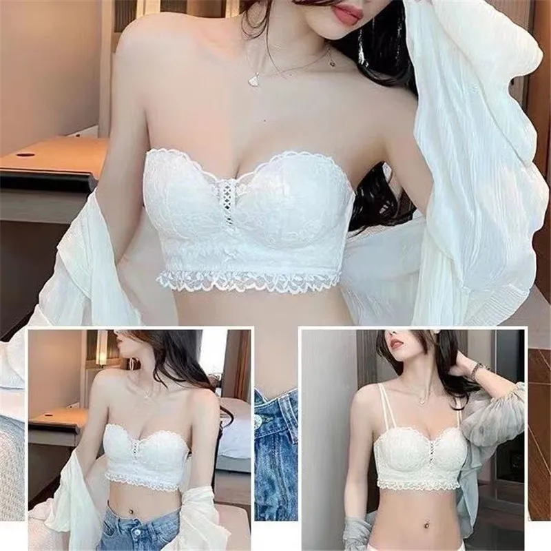 Sexy Lace Bra & Brief Set Women Underwear Wire Free Deep V Lingerie Small Chest Gather Panties Bra Sets Girl Seamless Bralette