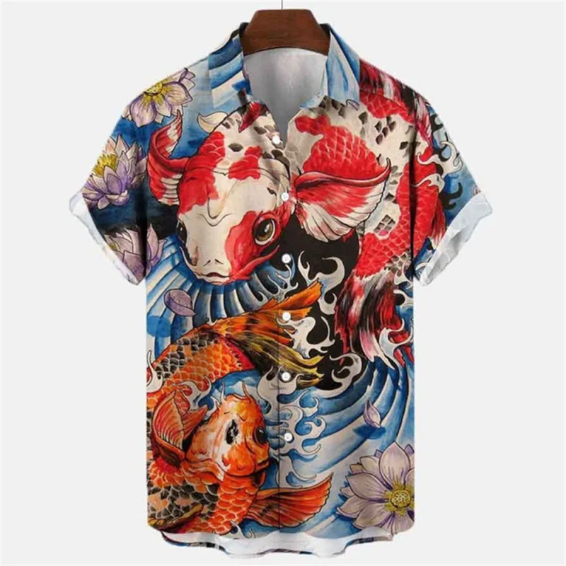 

Koi Carp Fish Graphic Shirts for Men Clothing 3D Printed Hawaiian Beach Shirt Short Sleeve y2k Tops Vintage Clothes Lapel Blouse