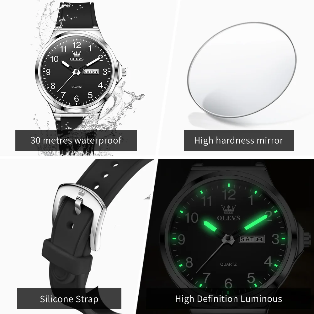 OLEVS 5647 Man Watch Simple Original Quartz Watches For Men Dual Calendar Waterproof Luminous Silicone Strap Fashion Wristwatch