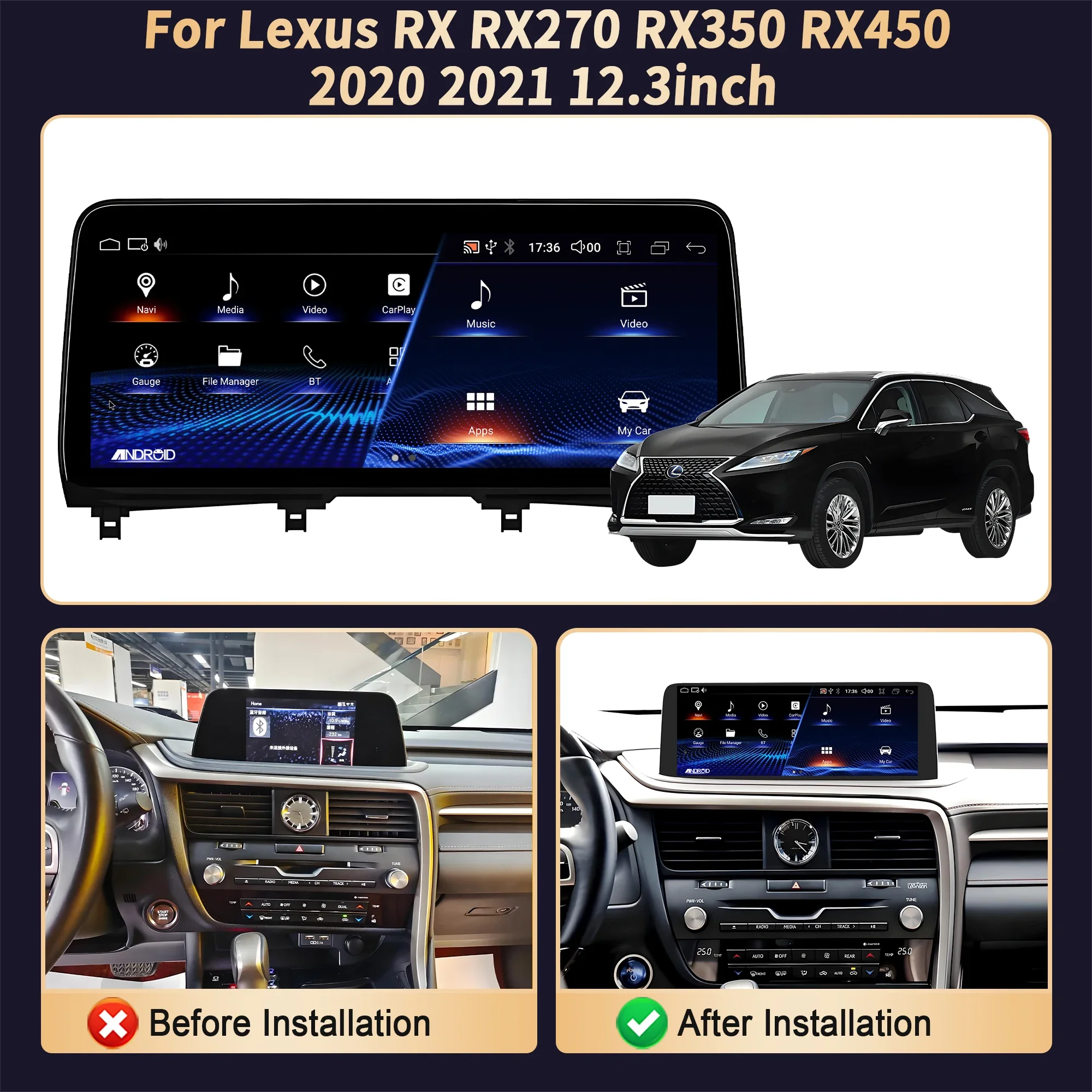 12,3 pulgadas para Lexus RX RX270 RX350 RX450 2020 2021 Radio de coche inalámbrico CarPlay Multimedia pantalla Snapdragon 680 2