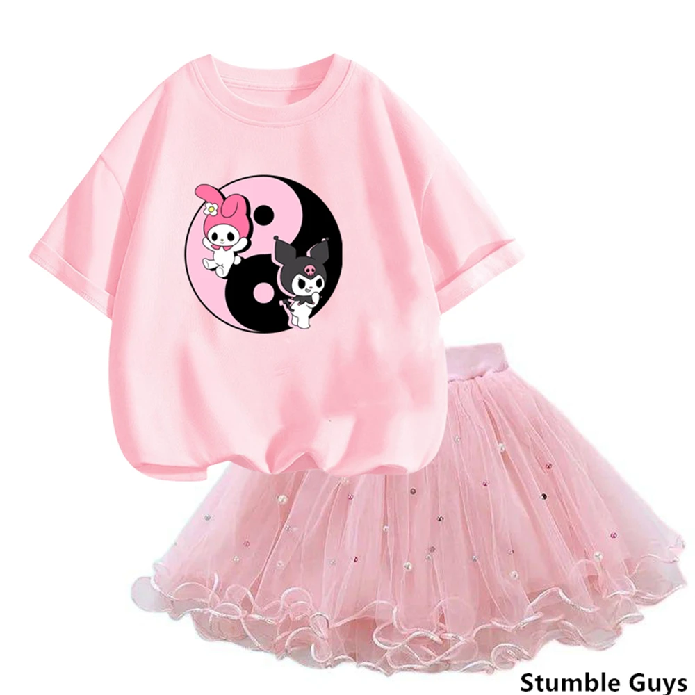 

2024 Fashion Girls Summer Clothes Set Short Sleeve kuromi T Shirt and Tutu Skirt 2 Pcs Outfits for Kids Party Clothes