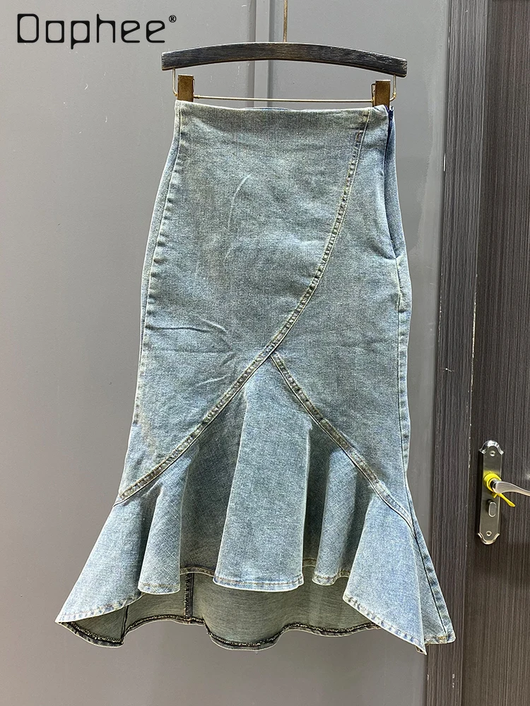 

Vintage Elegant Washed Denim Skirt Women 2024 Spring Summer Fishtail Skirt High Waist Fit Ruffled Mid-Length Long Hip Skirt