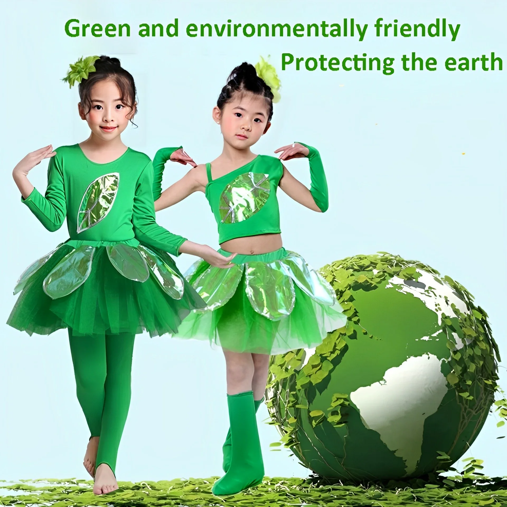 

Зеленые листья, костюм лесного консервативного движения, комплект экологически чистой одежды с низким содержанием углерода, детское танцевальное платье из травы