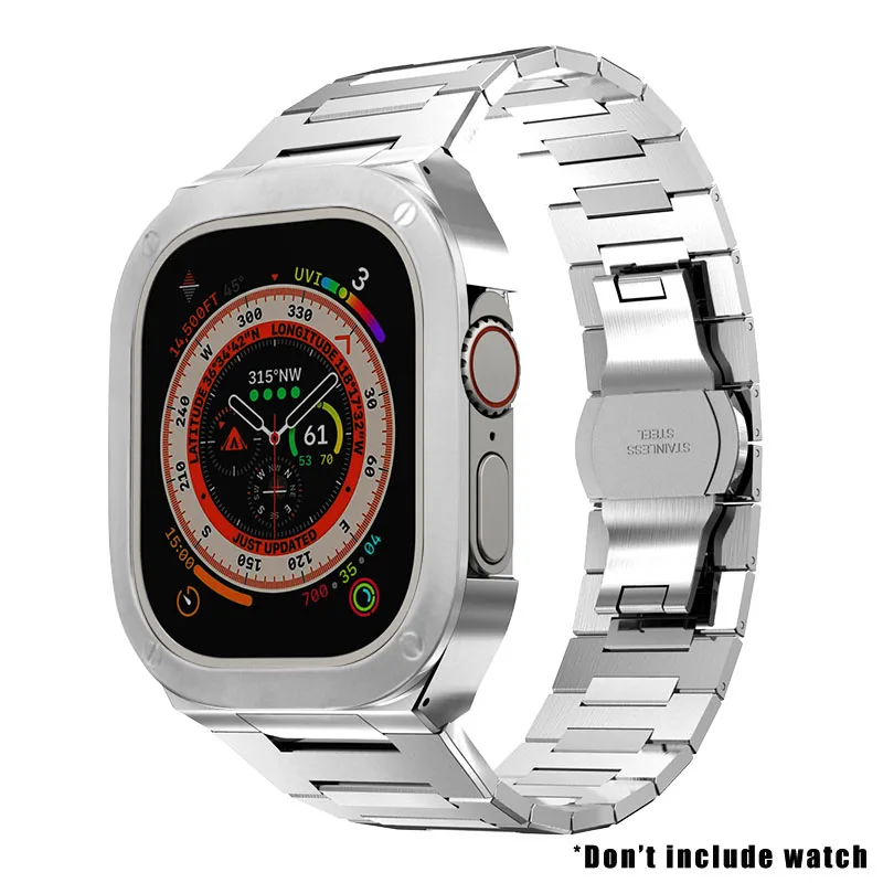 Lüks Metal Modifikasyon Kiti Apple Watch Ultra 49 MM Paslanmaz Çelik Kasa Kapağı IWatch 49 MM Kauçuk Kayış Bandı Tamir MOD_voghion.com