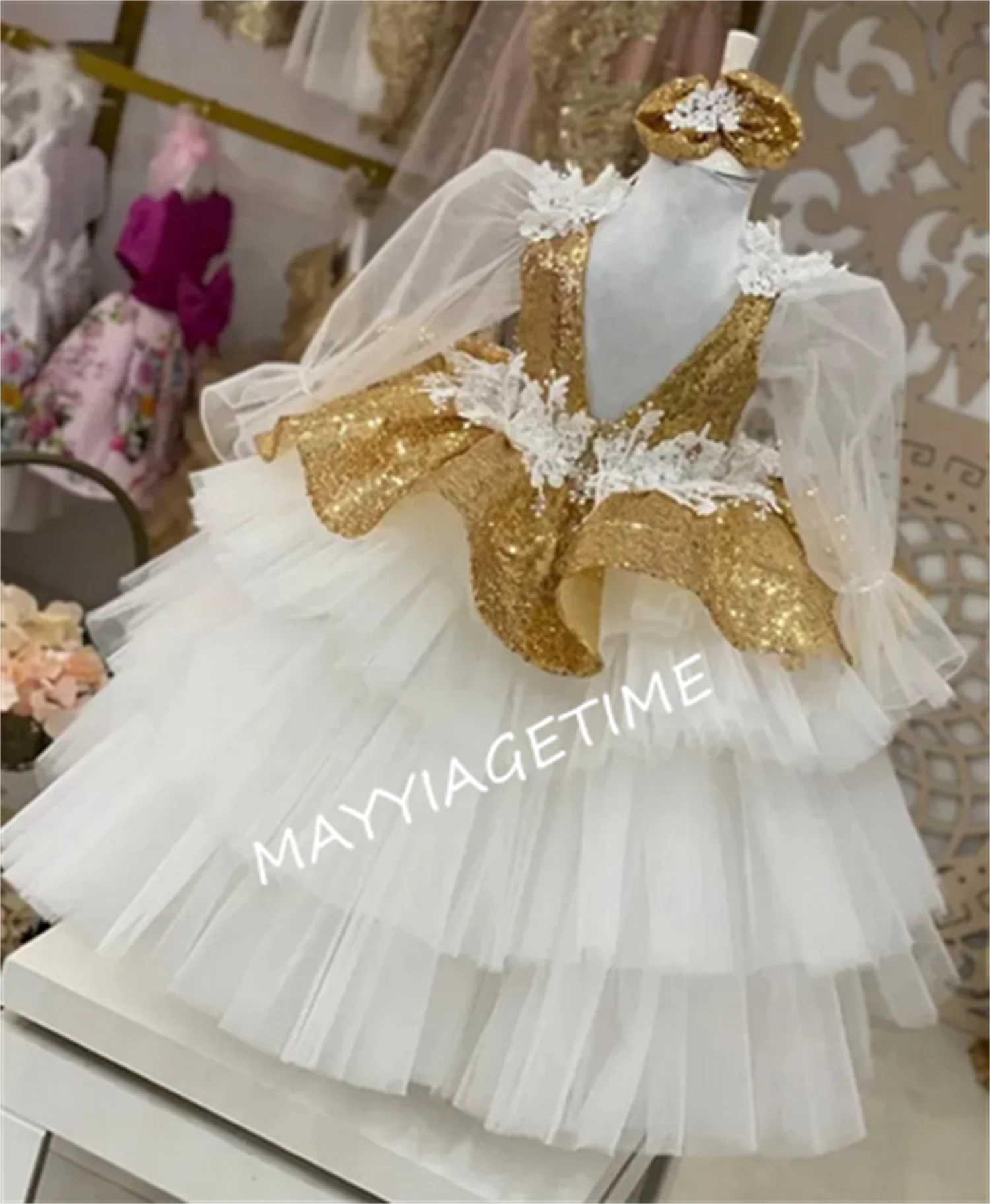 

Puffy Ball Gown Flower Girls Dress Long Sleeves Applique Gold Sequins Baby Girl Birthday Party Gown Girls Pageant Dress