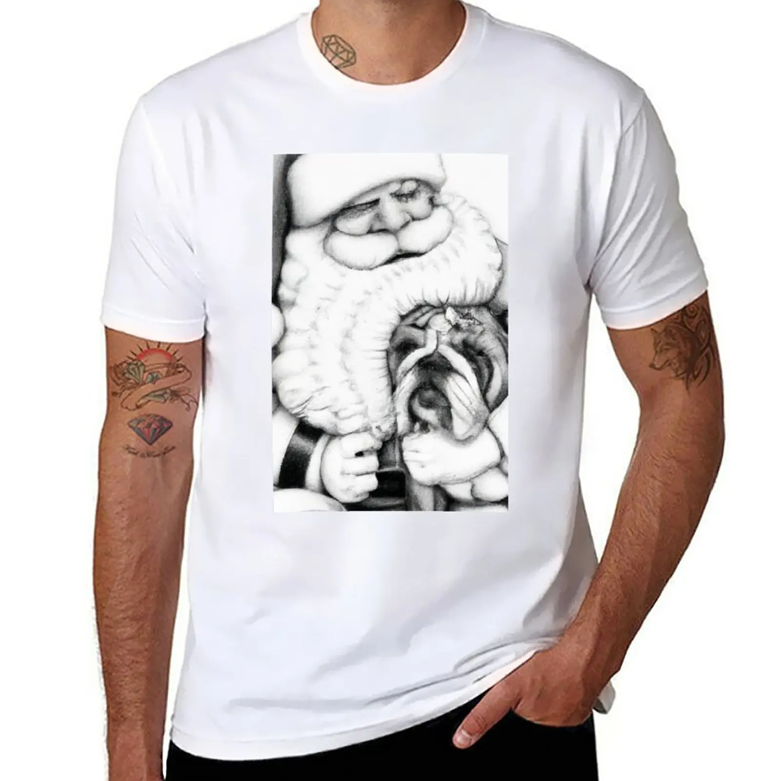 

Английский бульдог Художественная печать-Мистер бульдог Рождественская собака художественная живопись-собака обнимающая Санта-Клаус карандаш рисованная краска футболка