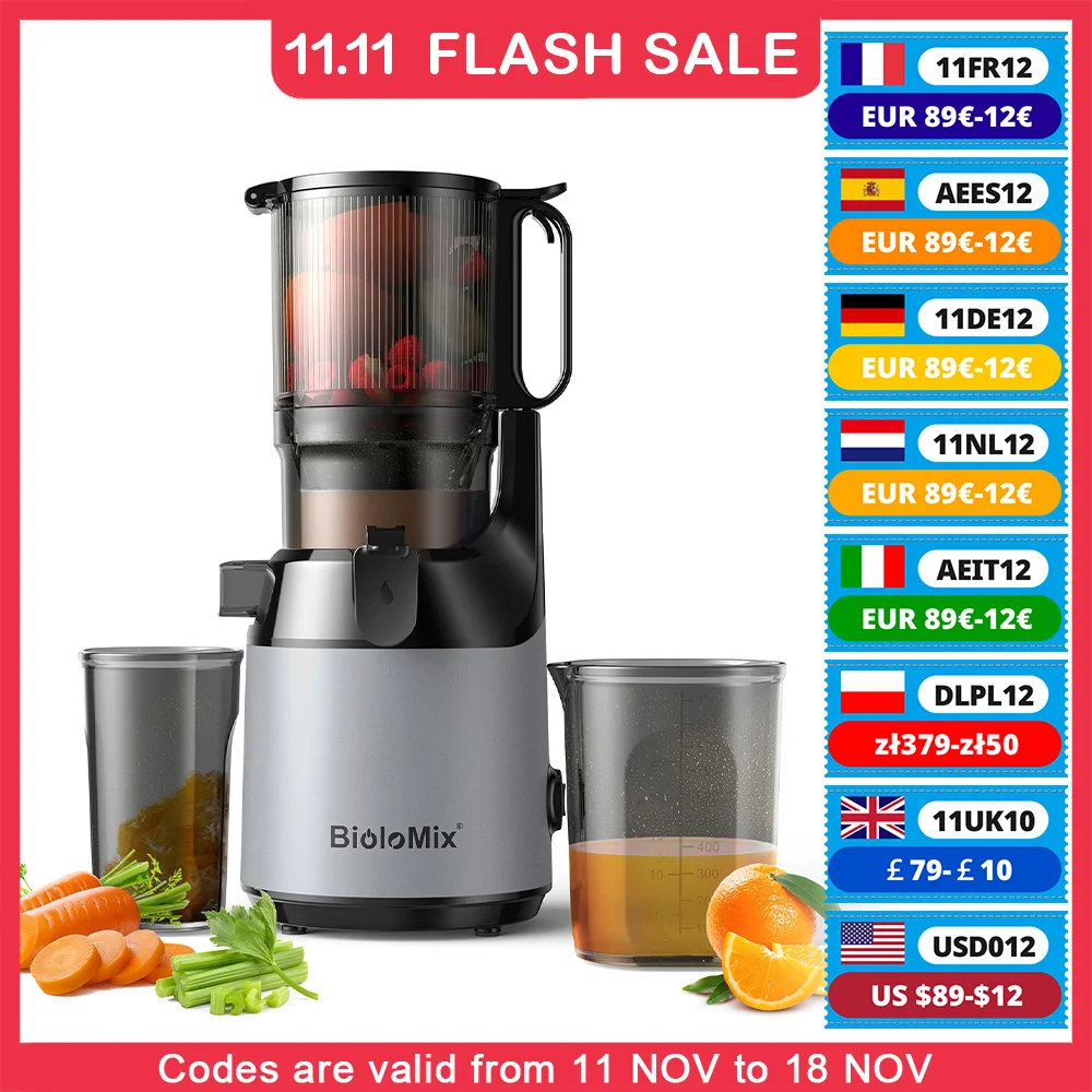 Fruit Juicer BioloMix Cold Press Juicer 130mm Feed Chute High Juice Yield