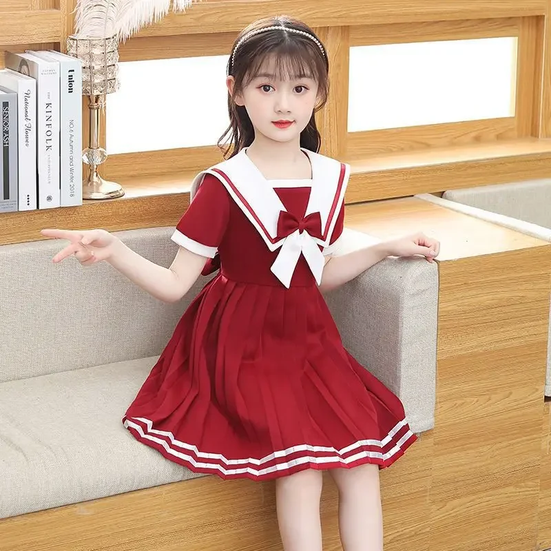 

Girls Short Sleeve Dress Summer Fashion Children's Princess Dresses Lolita JK Net Red Navy Sailor Collar Influencer Girl Dress