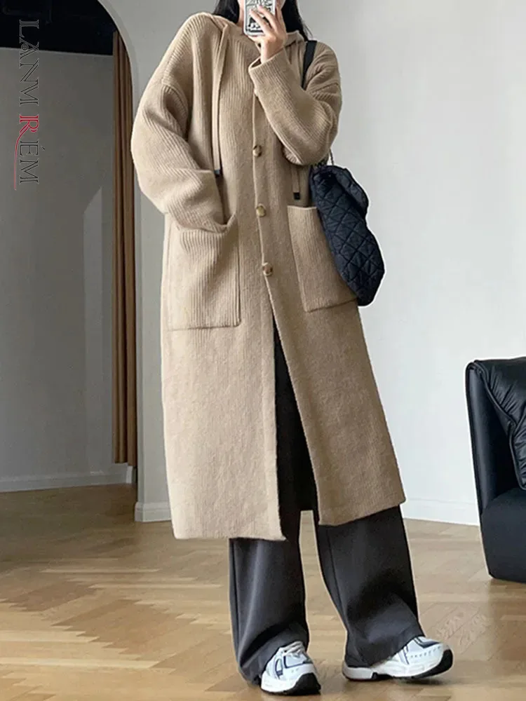 

LANMREM Fashion Knitted Long Hooded Coat Women Loose Single Breasted Solid Color Sweater Casual 2023 Winter New Clothing 2AA3428