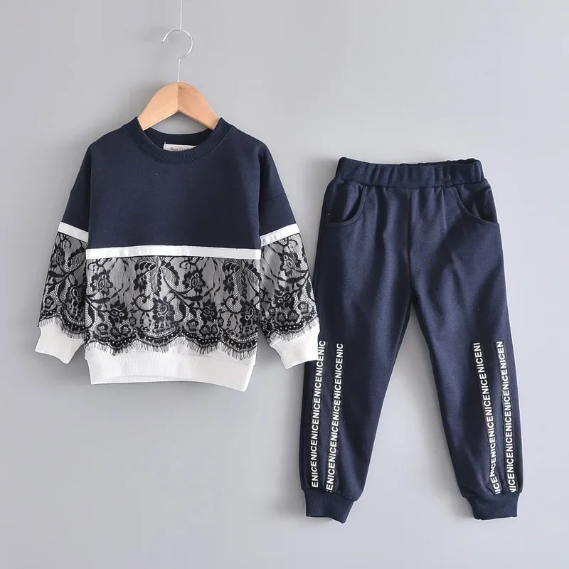 Girls Clothing Sets New New Spring Active Girls Clothes Lace Children Clothing Cartoon Print Sweatshirts Pants 2pcs Suit 3-7Y