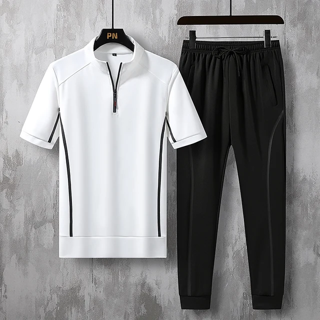 Summer Men's Sportswear 3 Pcs/Set Breathable Male Clothes Short Sleeve Stand Collar T-Shirt + Men Sports Shorts Casual Trousers 5