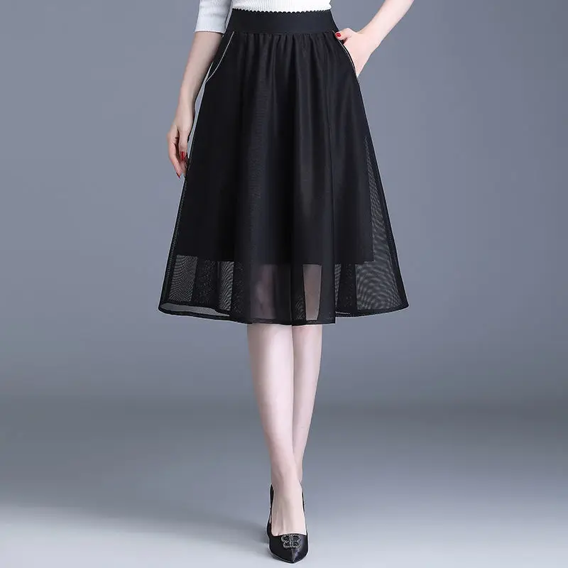 

Elegant Solid Color Pockets Folds Gauze High Waist Skirts Women's Clothing 2024 Summer New Loose Elastic Office Lady Skirts