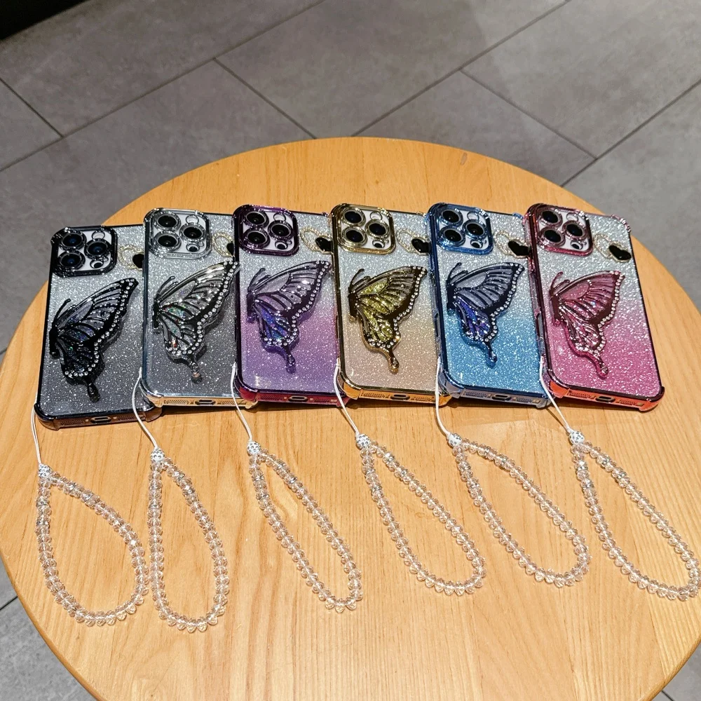 Elegant Butterfly Bracket Crystal Chain Phone Case - Luxury Protective Cover