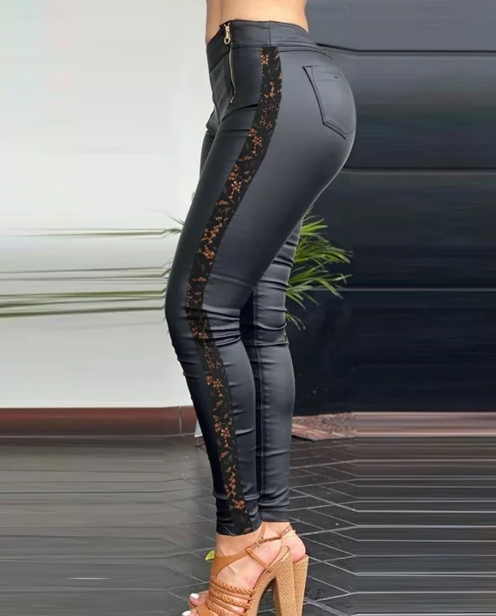 Women's Pants Fashion Lace Patch PU Leather Zipper Design Trousers Spring Casual High Waist Streetwear Skinny Daily Long Pants