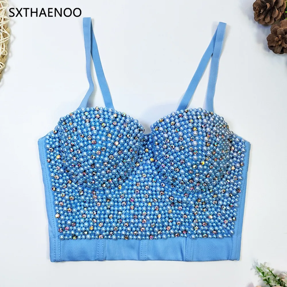 

SXTHAENOO 2023 New Summer Sexy Bright Beading Nightclub Bralette Bra Cropped To Wear Out Corset Tops Female Camis Crop Top Mujer