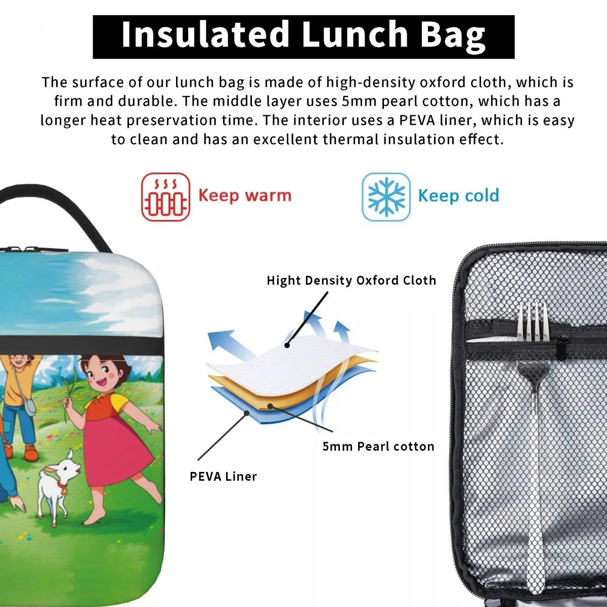 Heidi Peter And Grandpa Insulated Lunch Bag Leakproof Cartoon Goat Alps Girl Anime Cooler Thermal Lunch Tote Kid School Children