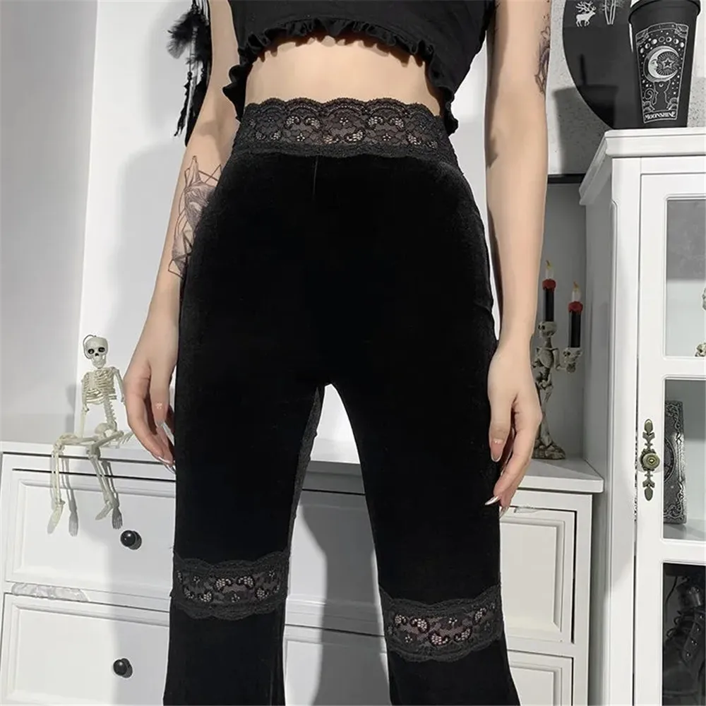 womens clothing Gothic Black Pants High Waist Flared Pants Aesthetic Sexy Lace Patchwork Trousers Women Vintage Elegant Velvet Christmas Pant vuori joggers
