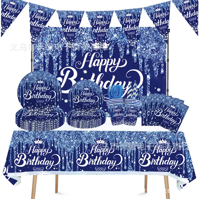 10Guests Diamond Blue Disposable Tableware Crow Happy Birthday Plate Napkin Adult 30th 40th 50th Happy Birthday Party Decor