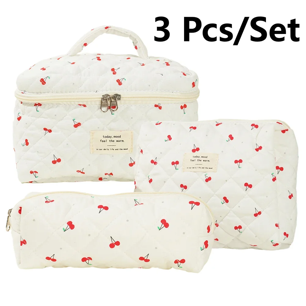 3 PCS/Set Women Quilted Makeup Bag Cherry Pattern Cosmetic Handbag with Clutch Bag & Pen Case Large Capacity Travel Storage Bags 2
